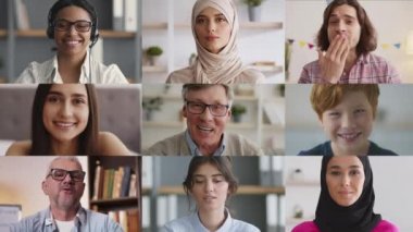 Çevrimiçi video görüşmesi yapan, kameraya gülümseyen kadın ve erkeklerden oluşan çok ırklı bir grup.