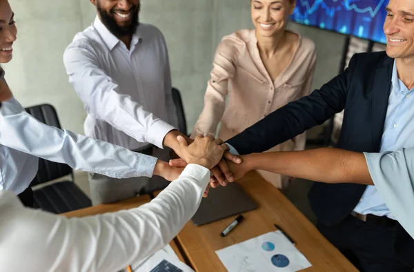 Diverse Business People Stacking Hands Together During Corporate Meeting In Office — Stock Photo, Image