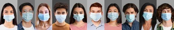 Zastavte koronavirus. Dav různých multietnických lidí používajících sterilní jednorázové obličejové masky na šedém pozadí — Stock fotografie