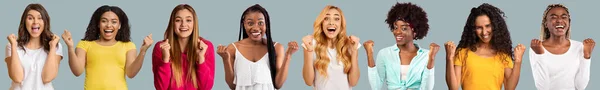 Feliz emocionado millennial europeo y afroamericano mujeres celebrando la victoria y levantando puños —  Fotos de Stock
