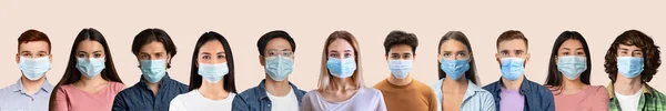 Collectie van multiraciale mensen dragen bescherming tegen coronavirus op roze studio achtergrond, panorama — Stockfoto