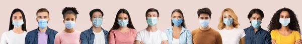 Sada mezinárodních lidí v maskách lékařských tváří, kteří se chrání proti celosvětovému viru, bojují proti sabotáži — Stock fotografie