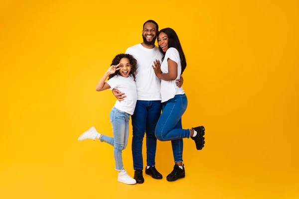 Afro-Amerikaanse man knuffelen zijn vrouw en speelse dochter — Stockfoto