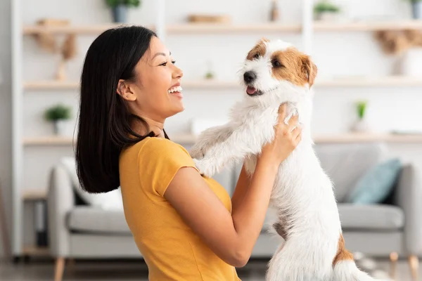 Portrait of cheerful chinese woman carrying her sweet dog — Stock Photo, Image