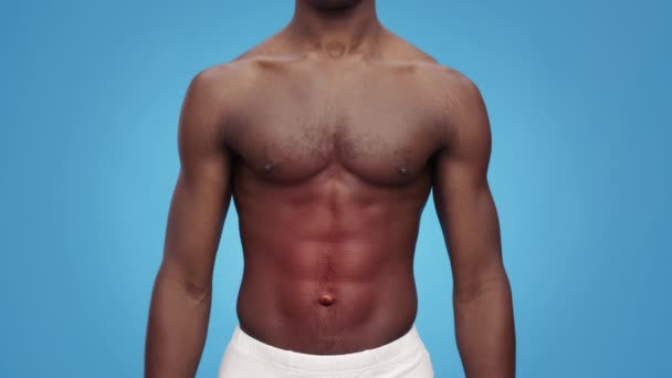 Matsmältningsproblem. Oigenkännlig svart man kropp med röd pulserande magen zon, lider av förgiftning — Stockvideo