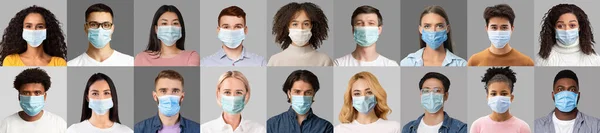 コロナウイルスのパンデミック時の保護。灰色の背景の衛生医療用マスクの多様な人々の顔のセット — ストック写真