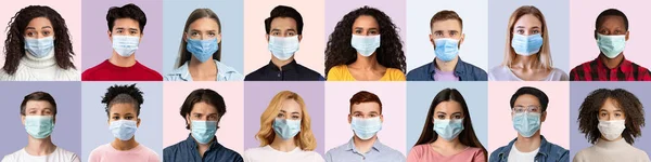 Portréty multietnických žen a mužů různých ras v ochranných lékařských maskách na pestrobarevném pozadí — Stock fotografie