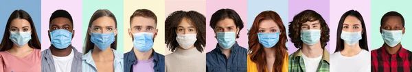 Коллаж этнически разнообразных людей в масках для лица, защищающих себя от шабаша-19 на красочном фоне — стоковое фото