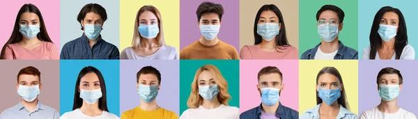Portréty koláže mnohonásobných mladých mužů a žen v jednorázových obličejových maskách bojujících proti koronaviru na barevném pozadí — Stock fotografie