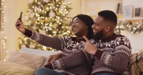 크리스마스 셀카. 젊은 아프리카 계 미국인 커플은 겨울 스웨터를 입고 집에 있는 Xmas 나무 근처에서 사진을 찍고 있다. — 비디오