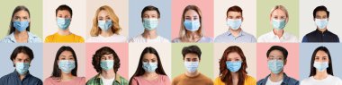 Renkli arka planlarda antiviral yüz maskeleri takan çok ırklı erkek ve kadınların portreleri, panorama