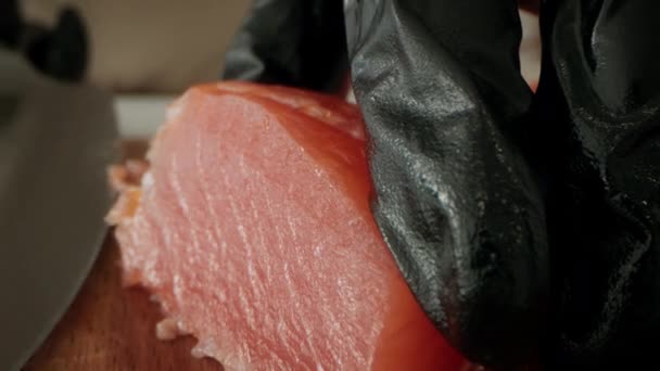 Closeup Of Chefs Hands Cutting Fresh Salmon On Slices Indoor — Stock Video