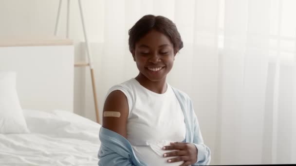 妊娠中の予防接種.粘着性包帯で腕を示す黒妊娠中の女性をワクチン接種 — ストック動画