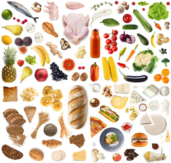 Świeże mięso, ryby, makaron, kukurydza i papryka, kawałek pizzy, hamburger i chleb, izolowane na białym tle — Zdjęcie stockowe