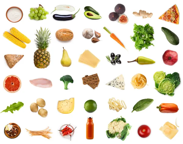 Перец, грейпфрут и мясо, сыр, груша и капуста изолированы на белом фоне, вид сверху — стоковое фото