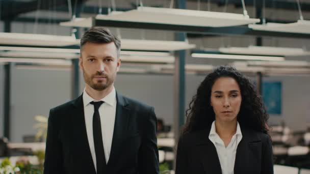 Коллеги по мужскому и женскому бизнесу позируют в современном офисе — стоковое видео