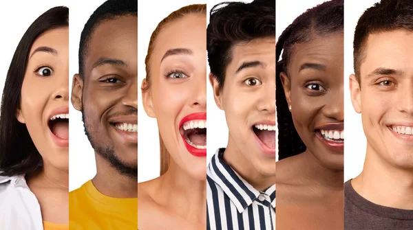 Surpris, souriant, riant milléniaux hommes et femmes internationaux avec la bouche ouverte sur fond blanc — Photo