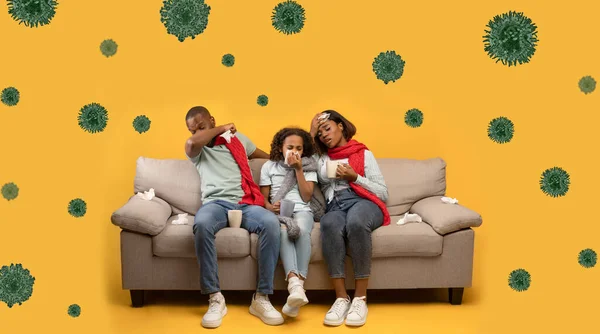 Sick african american family feeling unwell, sitting on sofa, collage