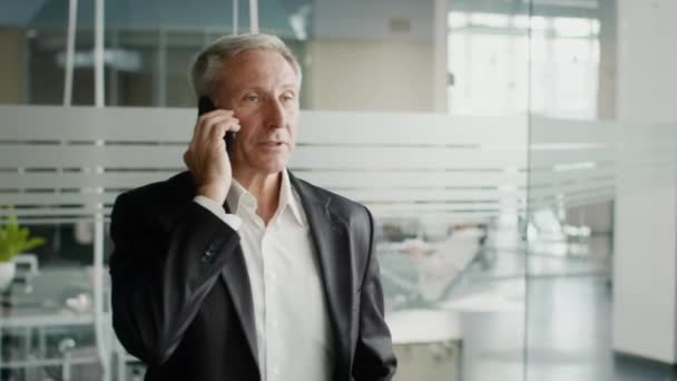 Зрелый бизнесмен разговаривает по мобильному телефону, стоящему в современном офисе — стоковое видео