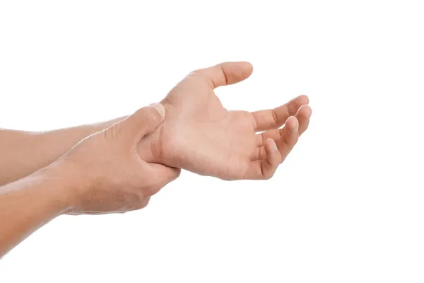 Cropped millennial caucasian male massaging sore spot, suffer from pain in wrist, isolated on white background — Stock Photo, Image