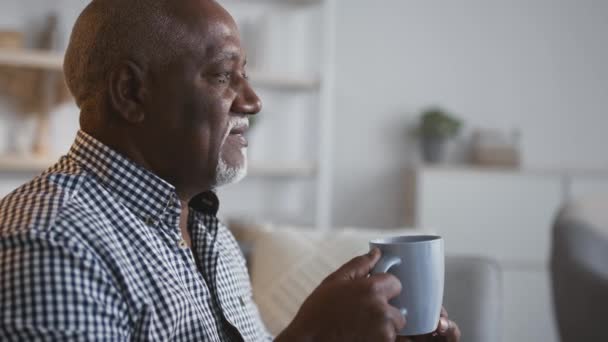Spårning skott porträtt av fredliga äldre afrikansk amerikan man vilar med kopp kaffe hemma interiör, fritt utrymme — Stockvideo