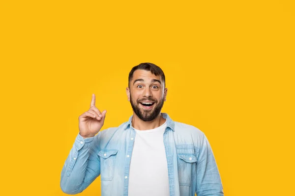 Feliz inteligente adulto caucasiano homem com barba levanta o dedo para cima no espaço cópia — Fotografia de Stock