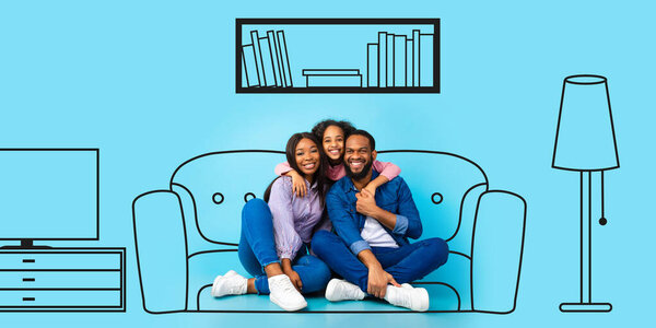 Cheerful black family planning and imagining new home interior