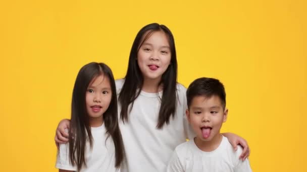 Весёлые японские братья и сёстры с веселым гримасом показывают языки, жёлтый фон — стоковое видео
