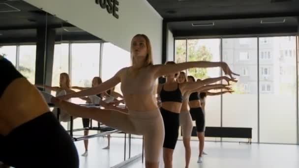 Ballet repetitie. Zoom in shot van groep jonge dames dansers oefenen bewegingen in de buurt van barre, leunend opzij in de buurt van spiegel — Stockvideo