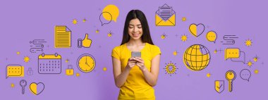 Dijital Teknolojiler. Çeşitli Simgelerle Mor Arkaplan Üzerinde Akıllı Telefon Kullanan Asyalı Kadın