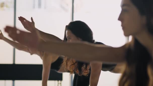 Trening jogi. Grupa młodych kobiet ćwiczących razem na siłowni, stojących na czworakach i podnoszących ręce, widok z boku — Wideo stockowe