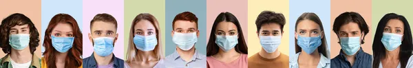 Koláž různých mladých lidí v chirurgických jednorázových maskách na světlém pozadí studia, banner design — Stock fotografie