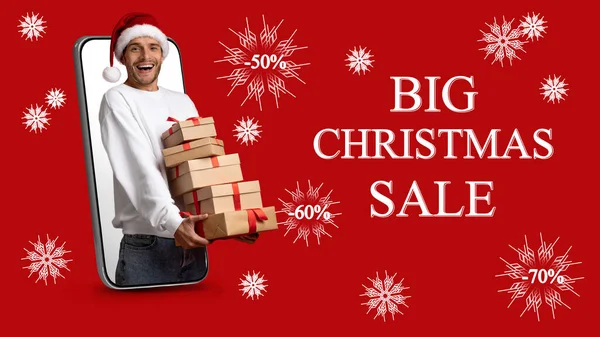 Creative Banner For Big Christmas Sale With Cheerful Guy Holding Gift Boxes — Stock Photo, Image