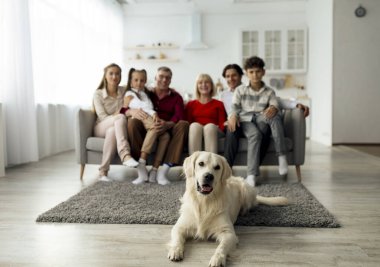 Evdeki halının üzerinde uzanan sevimli Golden Retriever köpeği oturma odasındaki koltukta oturan büyük, çok nesilli bir aile.