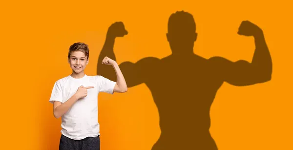 Smiling teenage boy demonstrating his biceps on camera, collage — Stock Photo, Image