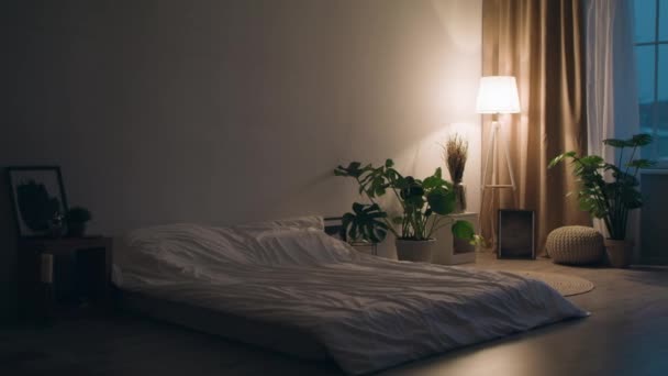 Design de interiores à noite de quarto acolhedor vazio com plantas domésticas e ligado luz da noite, tiro de rastreamento, câmera lenta — Vídeo de Stock