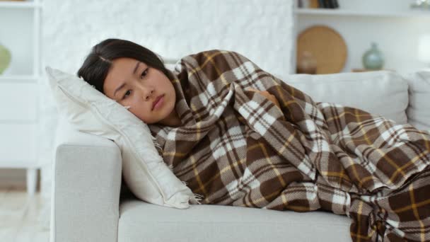 Depresión estacional. Joven mujer asiática indiferente tumbada en un sofá envuelta en cuadros, sintiéndose desesperada y agotada en casa — Vídeo de stock