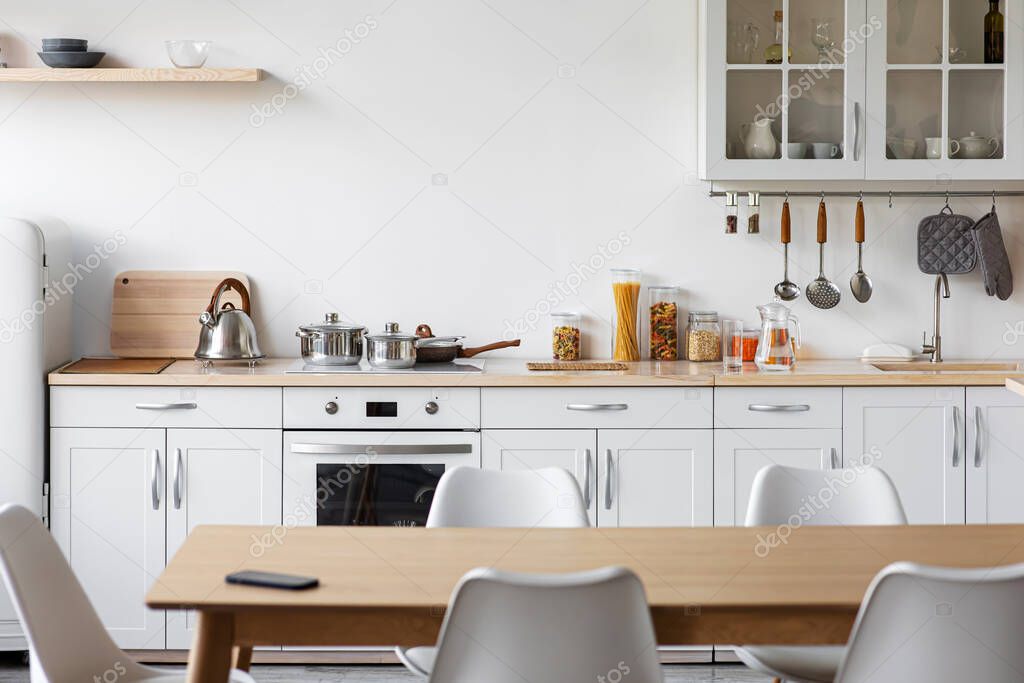Modern kitchen interior in Scandinavian style, minimalist and contemporary design
