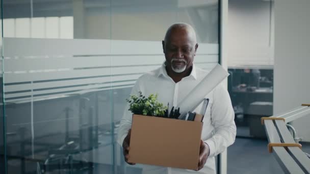 Retirement Concept. Smiling Black Mature Employee Leaving Workplace In Office With Belongings — Stock Video