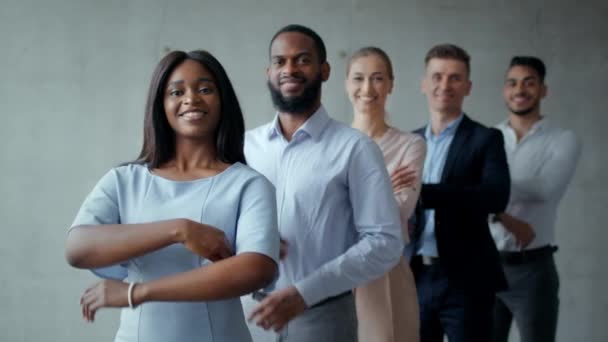 Professioneel bedrijfsconcept. Groep zelfverzekerde multi-etnische collega 's poseren met gevouwen armen, glimlachend naar de camera — Stockvideo