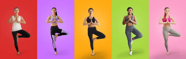 Junge multiethnische Frauen praktizieren Yoga, Collage, Panorama — Stockfoto