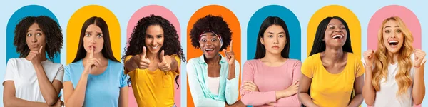 Different emotions of black, caucasian, european women isolated on multicolored background, show gestures and signs — Stock Photo, Image