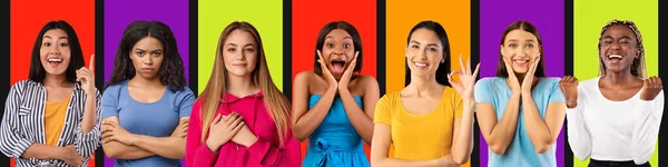 Diferentes emoções brilhantes mulheres milenares multiétnicas olham para a câmera em fundos coloridos, panorama — Fotografia de Stock