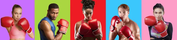 Renkli arka planlarda çok ırklı kadın ve erkekler boks yapıyor. — Stok fotoğraf