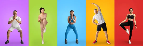 Gelukkig multiraciale mannen en vrouwen training over kleurrijke achtergronden, collage — Stockfoto