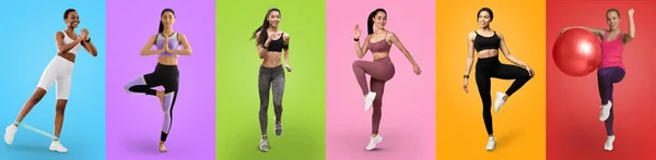 Aktive Millennial-Ladys beim Turnen vor buntem Hintergrund, Panorama — Stockfoto