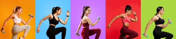 Atletische multi-etnische dames in sportkleding training op kleurrijke achtergronden — Stockfoto