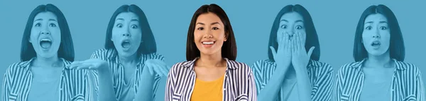 Porträtt av leende ung vänlig asiatisk kvinna, humörsvängningar koncept — Stockfoto