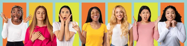 Happy, scared, angry, grateful and confident pretty international young women isolated on yellow and orange backgrounds — Stock Photo, Image