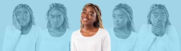 Retrato de sorrir jovem afro-americana amigável mostrando emoções — Fotografia de Stock